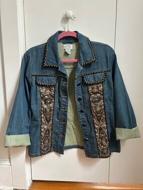 just be Blue Denim Jacket with Brown Embellished Panels
